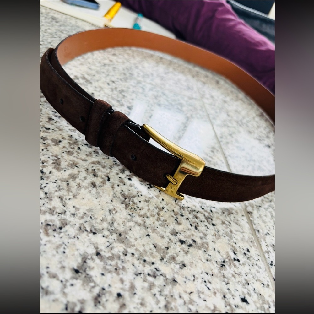 Allen Edmonds Dark Brown Suede Belt with Gold Buckle 42